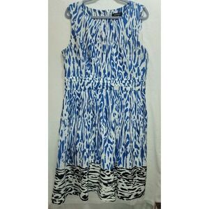 Ellen Tracy Dress Sleeveless A-line Blue White Black Print Crepe Knee Women's 16